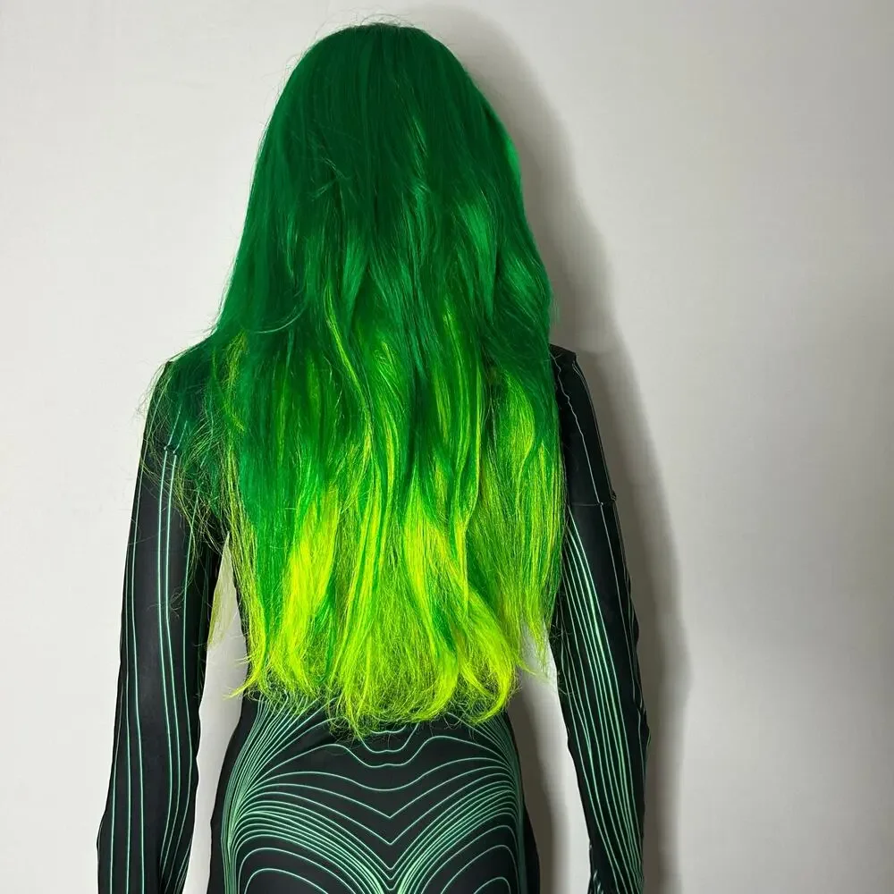 Spirit Green & Neon Yellow Long Wavy Costume Wig with Bangs Halloween Cosplay